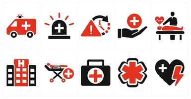 A set of 10 emergency icons as ambulance, emergency, urgent in red filled color vector