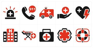 A set of 10 emergency icons as emergency, 911, ambulance in red filled color vector