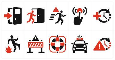A set of 10 emergency icons as exit, evacuation, escape in red filled color vector