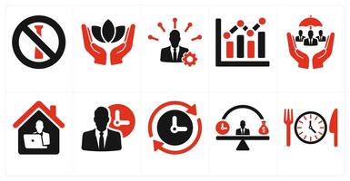 A set of 10 employee benefits icons as no dress code, wellness, skills development in red filled color vector