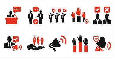 A set of 10 freedom of speech icons as speech, debate, protest in red filled color vector