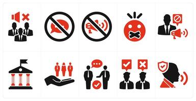 A set of 10 freedom of speech icons as mute people, prohibited, not allowed in red filled color vector