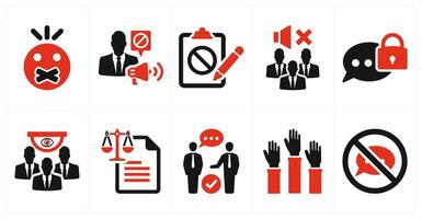 A set of 10 freedom of speech icons as censored, censorship, petition in red filled color vector