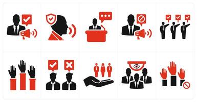 A set of 10 freedom of speech icons as free speech, protected speech, speech in red filled color vector