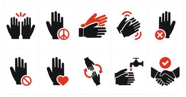 A set of 10 hands icons as hands, peace, non verbal in red filled color vector