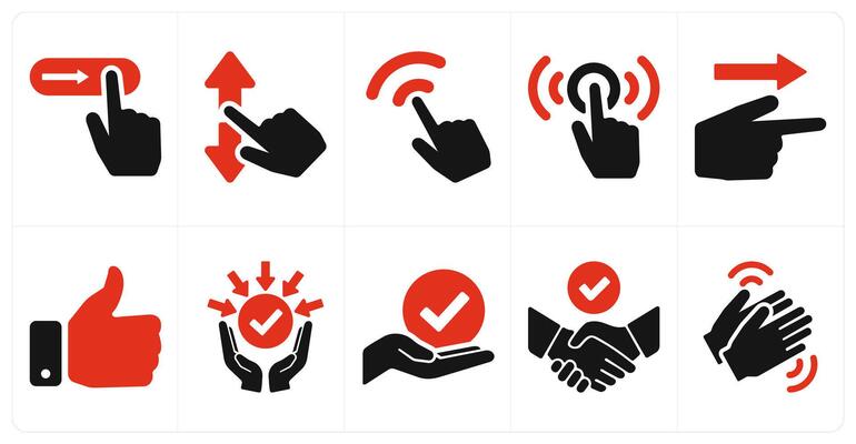 A set of 10 hands icons as slide gesture, scroll, click in red filled color