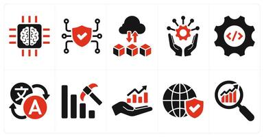 A set of 10 hard skills icons as artificial intelligence, cyber security, cloud computing in red filled color vector