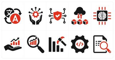 A set of 10 hard skills icons as foreign language, project management, cyber security in red filled color vector