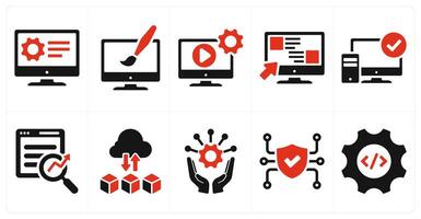 A set of 10 hard skills icons as software development, graphic design, editing in red filled color vector