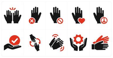 A set of 10 hands icons as hands, stop, revolt in red filled color vector