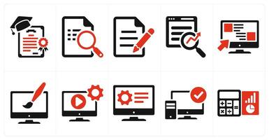 A set of 10 hard skills icons as certificates, search document, copy writing in red filled color vector
