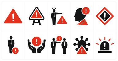 A set of 10 hazard danger icons as danger, danger sign, warning in red filled color vector