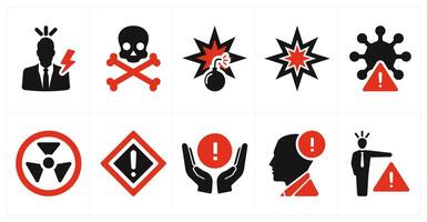 A set of 10 hazard danger icons as electrical shock, death, bomb in red filled color vector