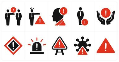 A set of 10 hazard danger icons as warn, warning, alert in red filled color vector