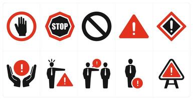 A set of 10 hazard danger icons as stop, no entry, danger in red filled color vector