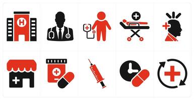 A set of 10 health checkup icons as hospital, doctor, checkup in red filled color vector