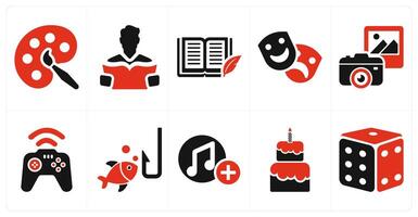 A set of 10 hobby icons as painting, reading, writing in red filled color vector