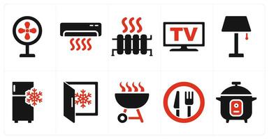 A set of 10 home appliances icons as fan, air conditioning, heater in red filled color vector