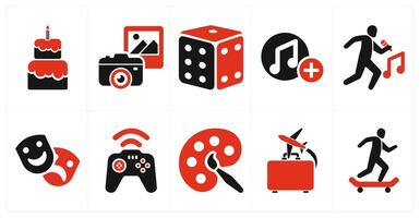 A set of 10 hobby icons as cooking, photography, dice in red filled color vector