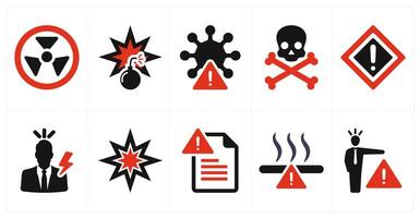 A set of 10 hazard danger icons as hazard, bomb, virus, death in red filled color vector