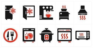 A set of 10 home appliances icons as refrigerator, freezer, coffee maker in red filled color vector