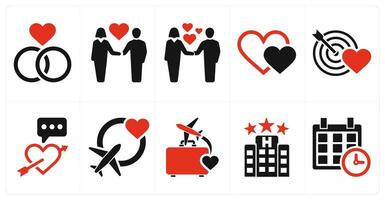 A set of 10 honeymoon icons as engagement, couple, declaration in red filled color vector