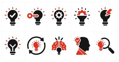 A set of 10 idea icons as idea, key idea, idea generation in red filled color vector