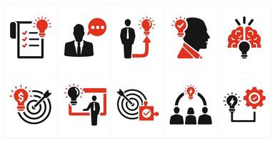 A set of 10 idea icons as thinking, having idea, head idea in red filled color vector