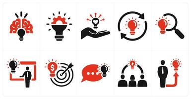A set of 10 idea icons as creative idea, innovation, share idea in red filled color vector