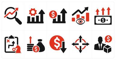 A set of 10 increase sale icons as seo, performance, sales in red filled color vector