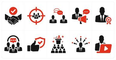 A set of 10 influencer icons as partnership, target audience, persuasion in red filled color vector