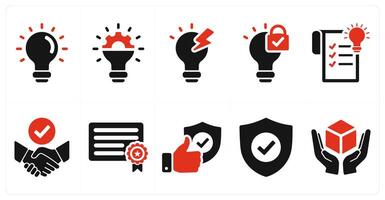 A set of 10 intellectual property icons as idea, innovation, invention in red filled color vector