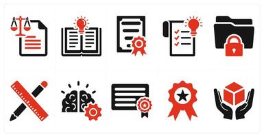 A set of 10 intellectual property icons as law, novel invention, license in red filled color vector