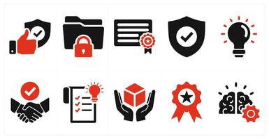 A set of 10 intellectual property icons as protection, trade secrets, patent in red filled color vector