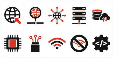 A set of 10 internet computer icons as online, network, internet in red filled color vector
