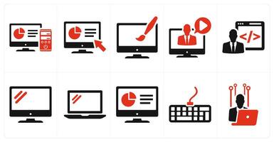 A set of 10 internet computer icons as computer, user interface, web design in red filled color vector