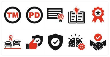 A set of 10 intellectual property icons as trademark, public domain, patent in red filled color vector