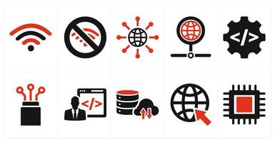 A set of 10 internet computer icons as wifi, wifi error, internet in red filled color vector