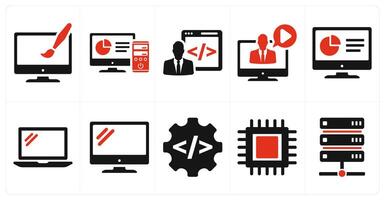 A set of 10 internet computer icons as web design, computer, developer in red filled color vector