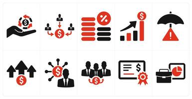 A set of 10 investment icons as return on investment, mutual fund, interest in red filled color vector