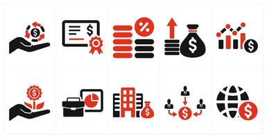 A set of 10 investment icons as return on investment, bond, interest in red filled color vector