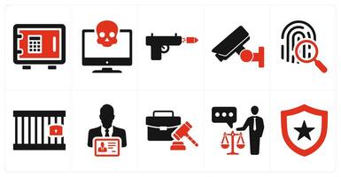 A set of 10 justice icons as locker, cyber crime, weapon in red filled color vector