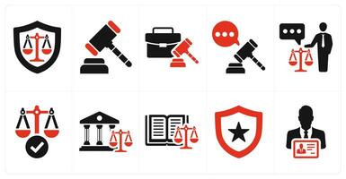 A set of 10 justice icons as justice, judge hammer, case in red filled color vector