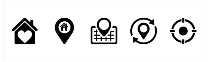 A set of 5 Location icons as home, home location, address in black filled color vector