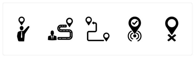 A set of 5 Location icons as you are here, path, journey in black filled color vector