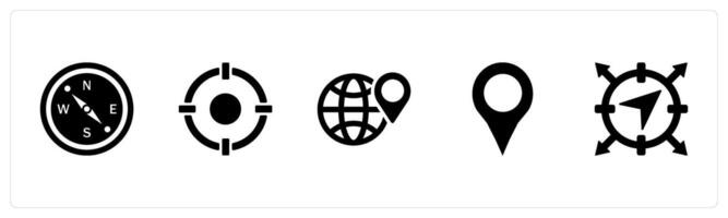 A set of 5 Location icons as compass, target, geo location in black filled color vector