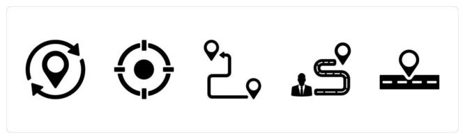 A set of 5 Location icons as change location, target, journey in black filled color vector