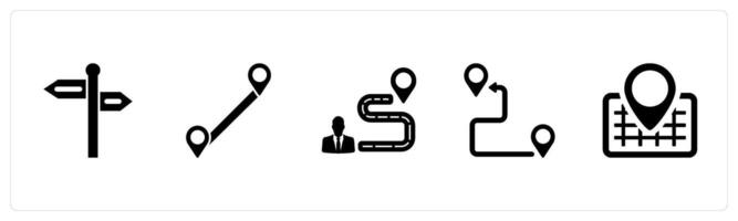 A set of 5 Location icons as direction, distance, path in black filled color vector