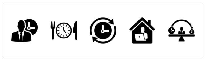 A set of 5 Employee Benefits icons as working hours, meal breaks, flexible hours in black filled color vector