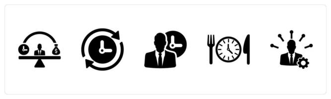 A set of 5 Employee Benefits icons as work life balance, flexible hours, working hours in black filled color vector